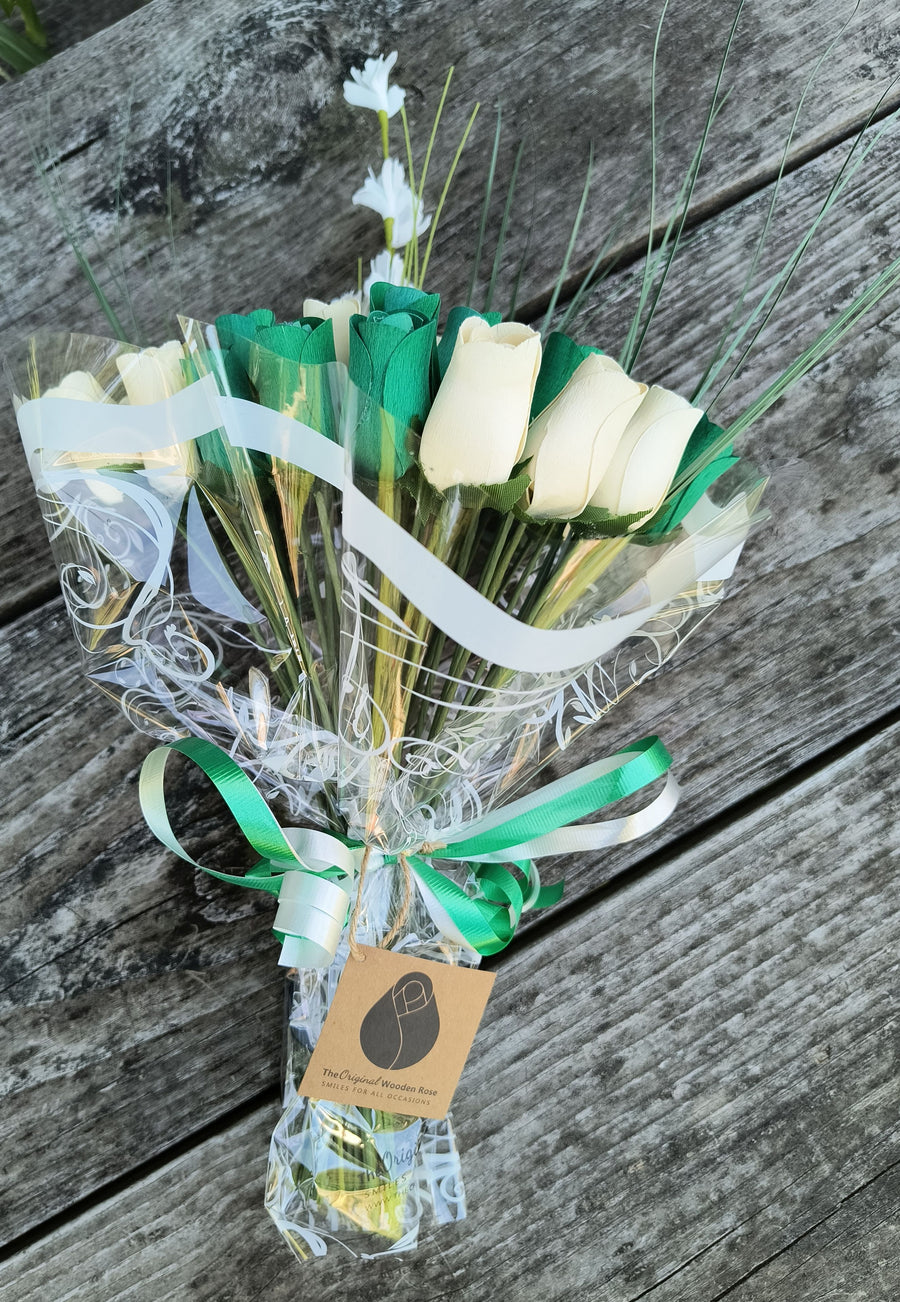 Saint Patrick's Day Green and White Wooden Rose Flower Bouquet - The Original Wooden Rose