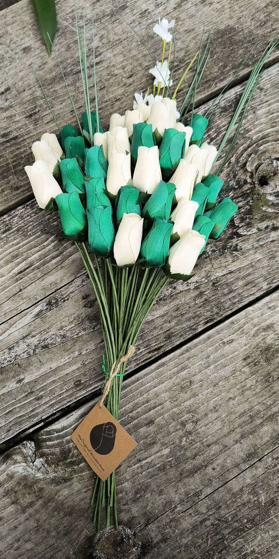 Saint Patrick's Day Green and White Wooden Rose Flower Bouquet - The Original Wooden Rose