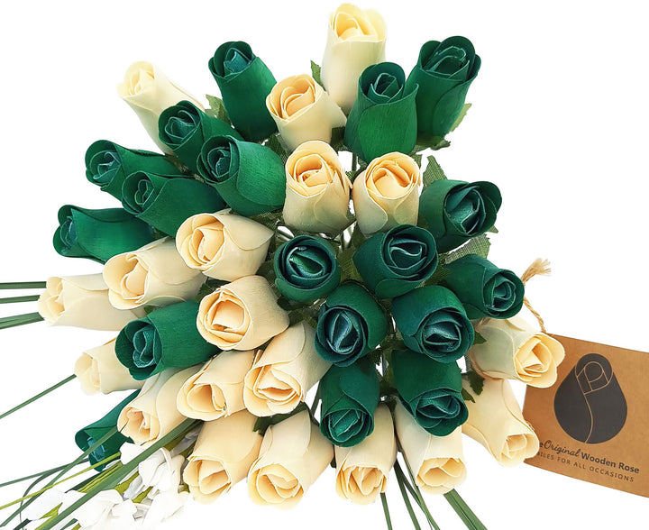 Saint Patrick's Day Green and White Wooden Rose Flower Bouquet - The Original Wooden Rose