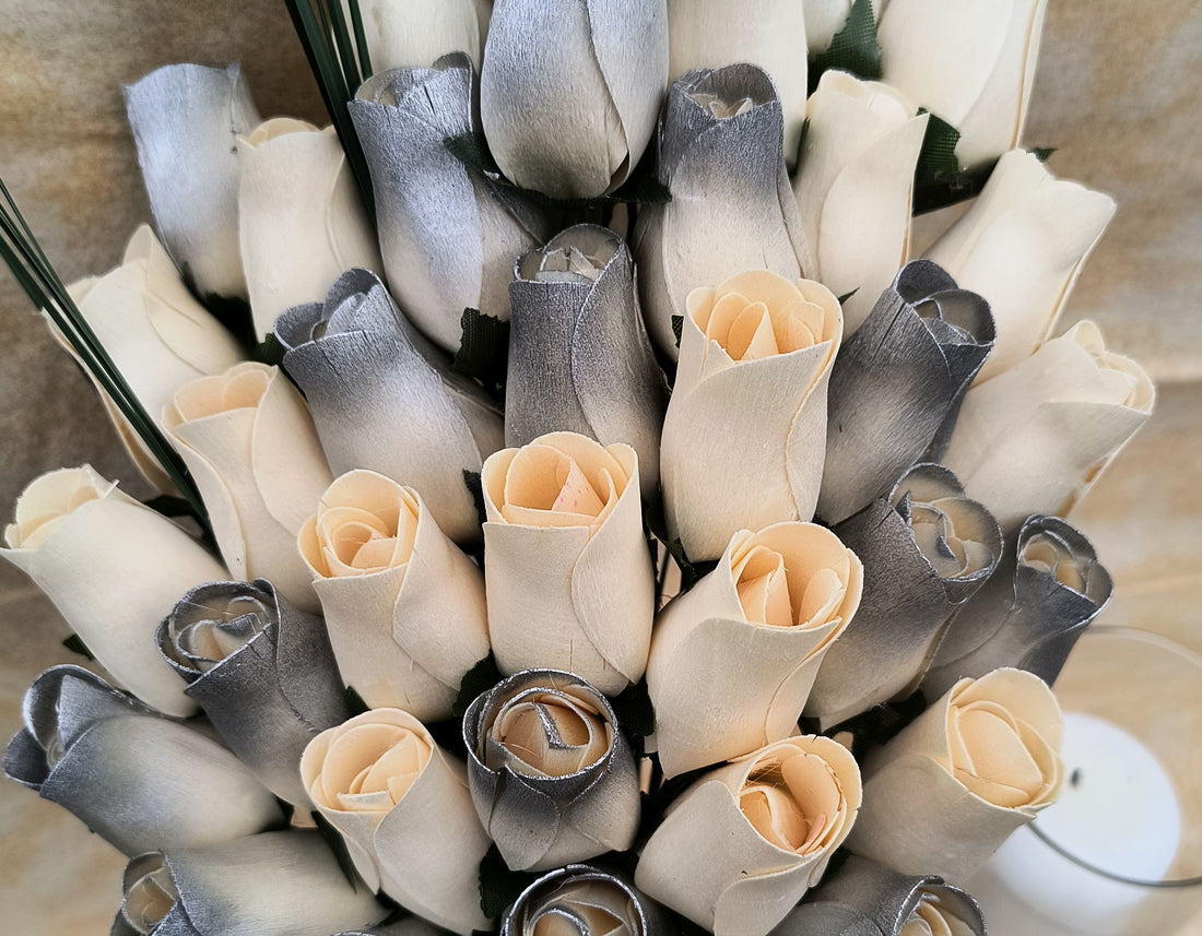 25 Year Anniversary Silver and White Wooden Rose Flower Bouquet - The Original Wooden Rose