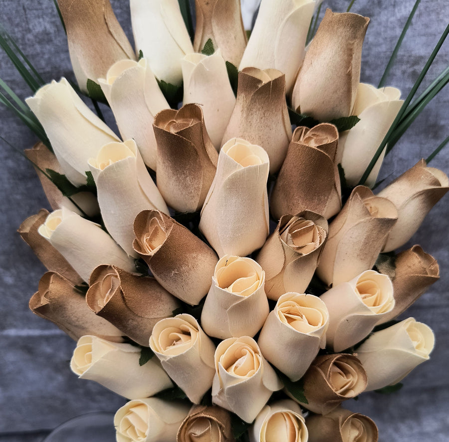 50 Year Anniversary Gold and White Wooden Rose Flower Bouquet - The Original Wooden Rose