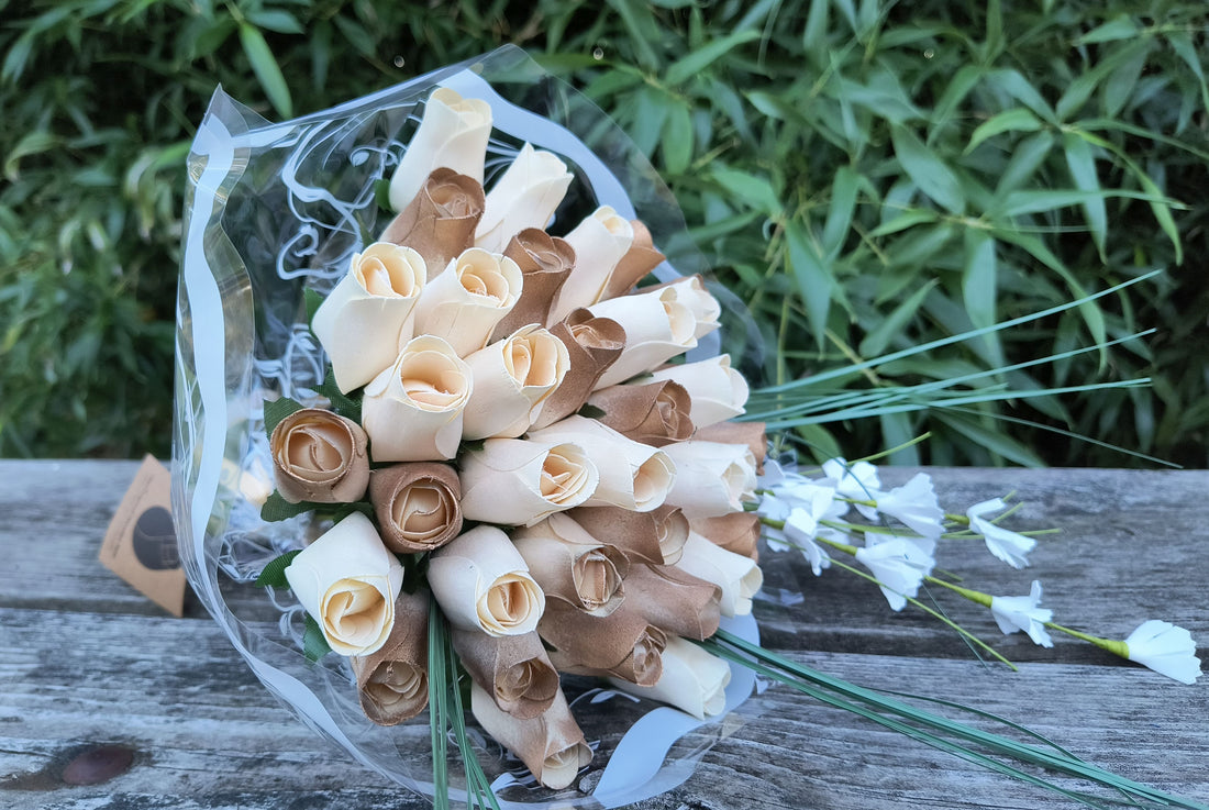 50 Year Anniversary Gold and White Wooden Rose Flower Bouquet - The Original Wooden Rose