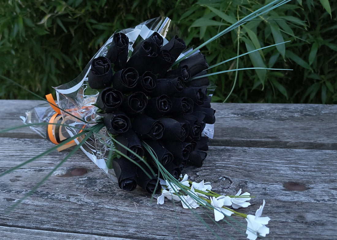 Black, Orange, and Violet Halloween Wooden Rose Flower Bouquet