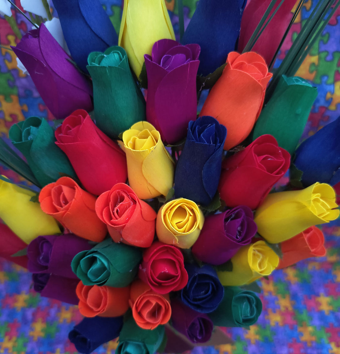 Autism Aware Rainbow of Wooden Roses Flower Bouquet - The Original Wooden Rose