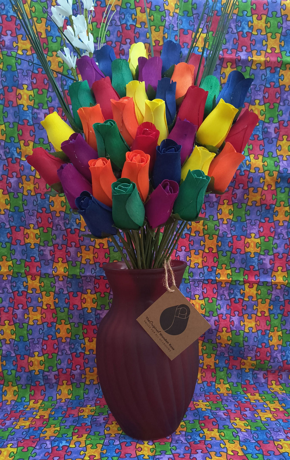 Autism Aware Rainbow of Wooden Roses Flower Bouquet - The Original Wooden Rose