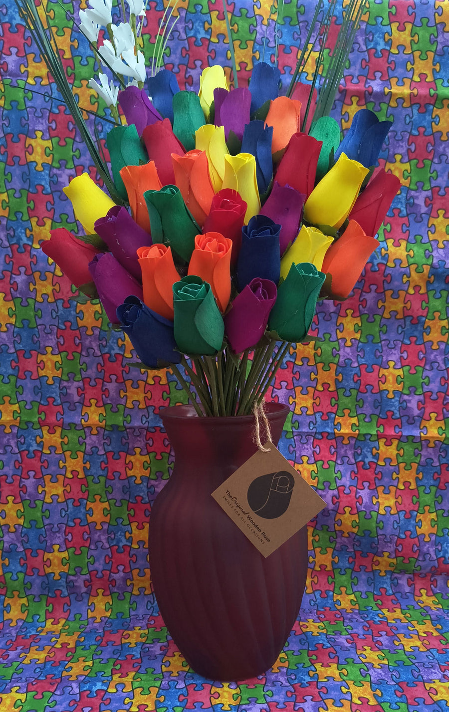 Autism Aware Rainbow of Wooden Roses Flower Bouquet - The Original Wooden Rose