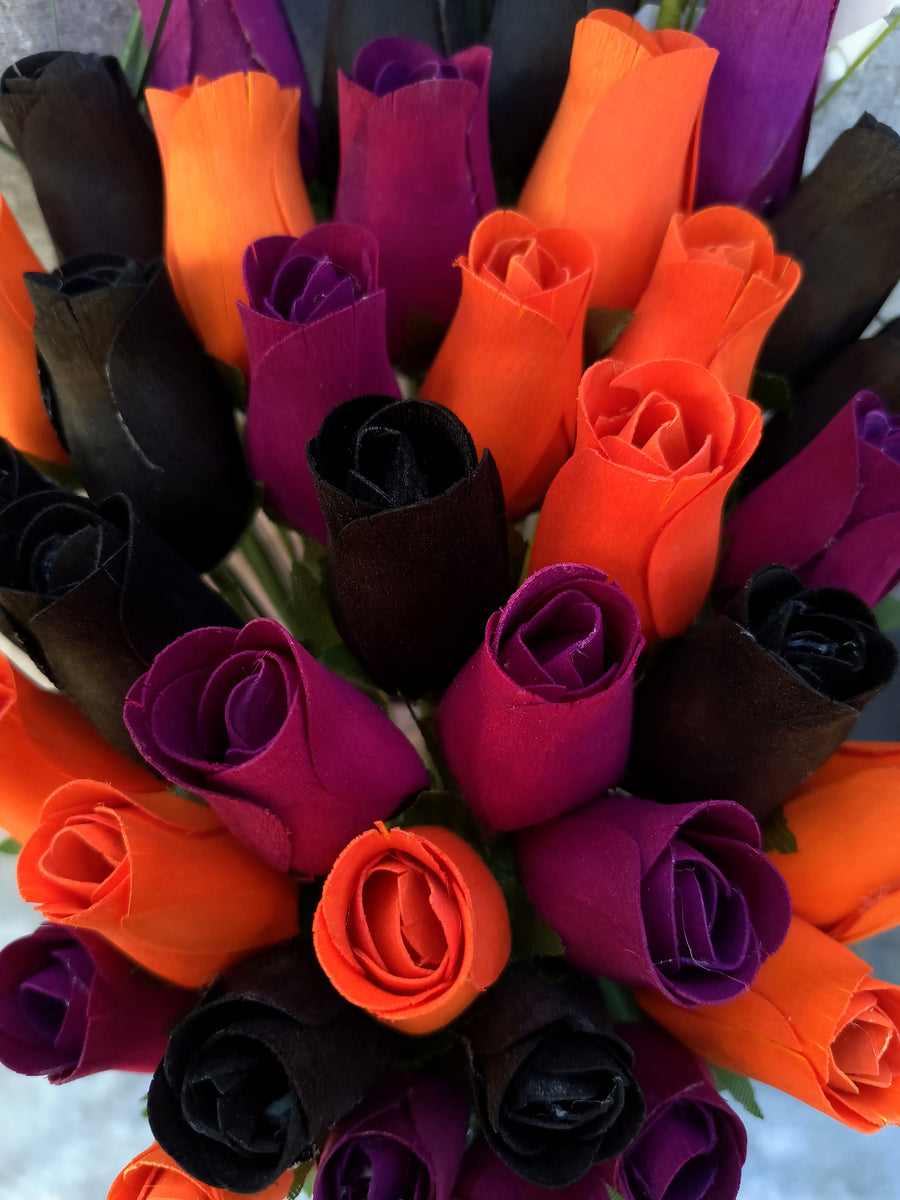 Black, Orange, and Violet Halloween Wooden Rose Flower Bouquet - The Original Wooden Rose