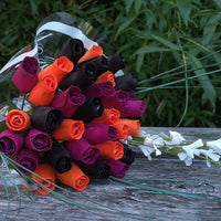 Black, Orange, and Violet Halloween Wooden Rose Flower Bouquet - The Original Wooden Rose