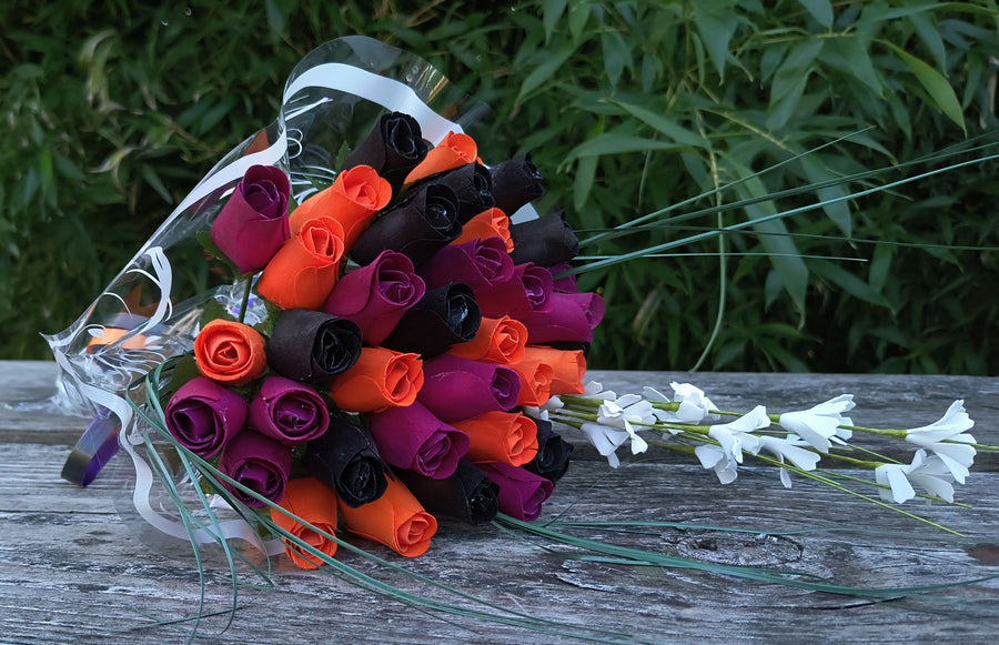 Black, Orange, and Violet Halloween Wooden Rose Flower Bouquet - The Original Wooden Rose