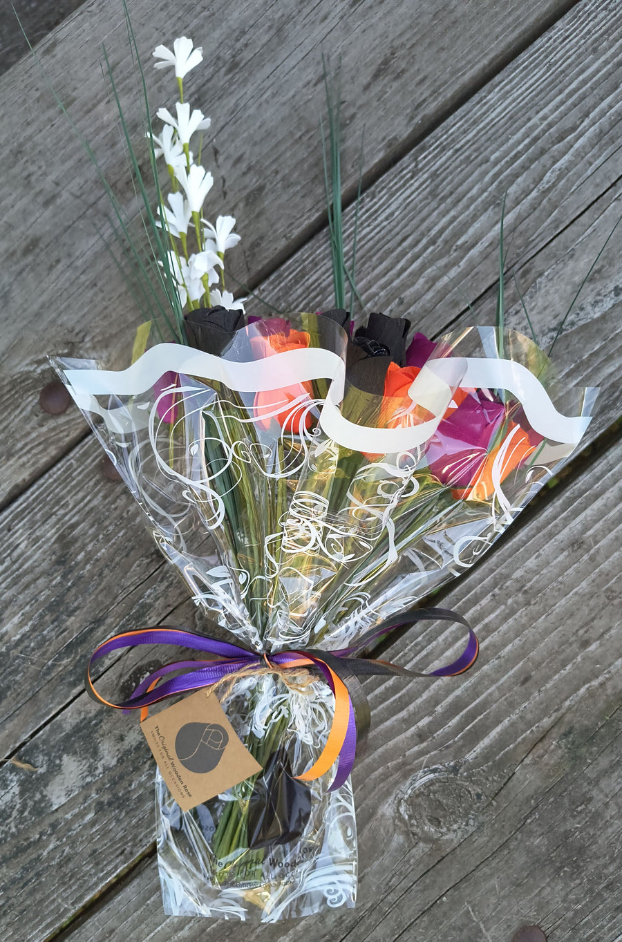 Black, Orange, and Violet Halloween Wooden Rose Flower Bouquet - The Original Wooden Rose