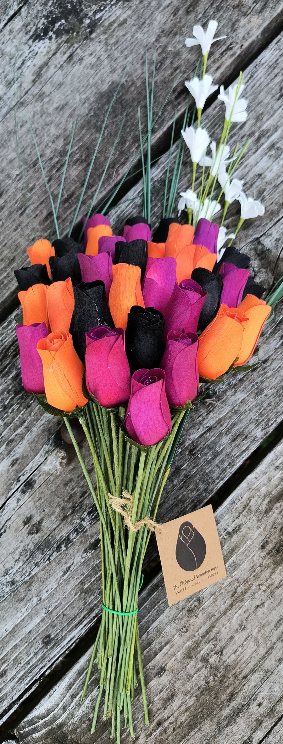 Black, Orange, and Violet Halloween Wooden Rose Flower Bouquet - The Original Wooden Rose