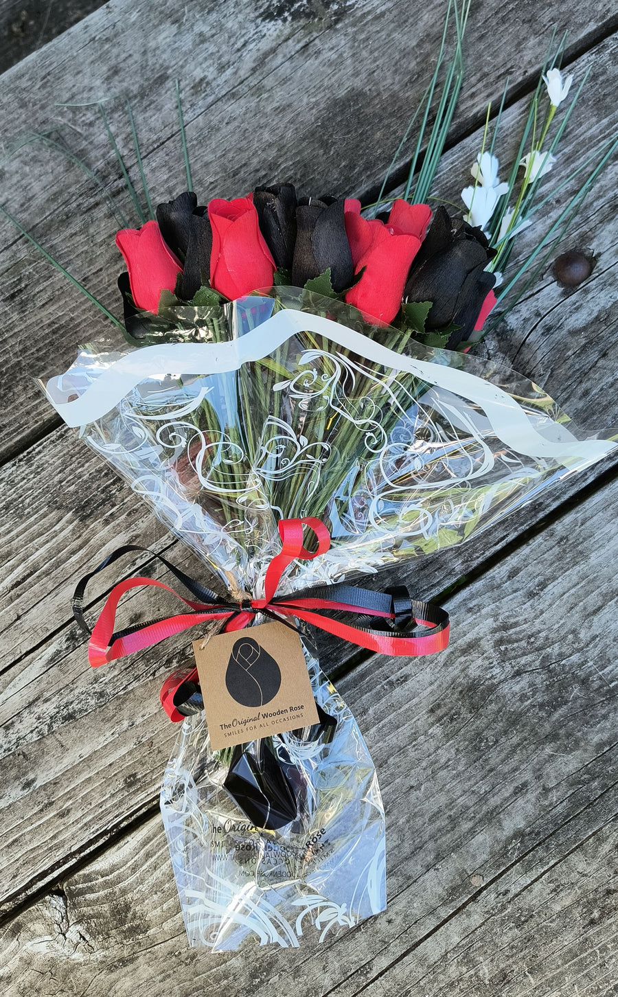 Black and Red Wooden Rose Flower Bouquet - The Original Wooden Rose