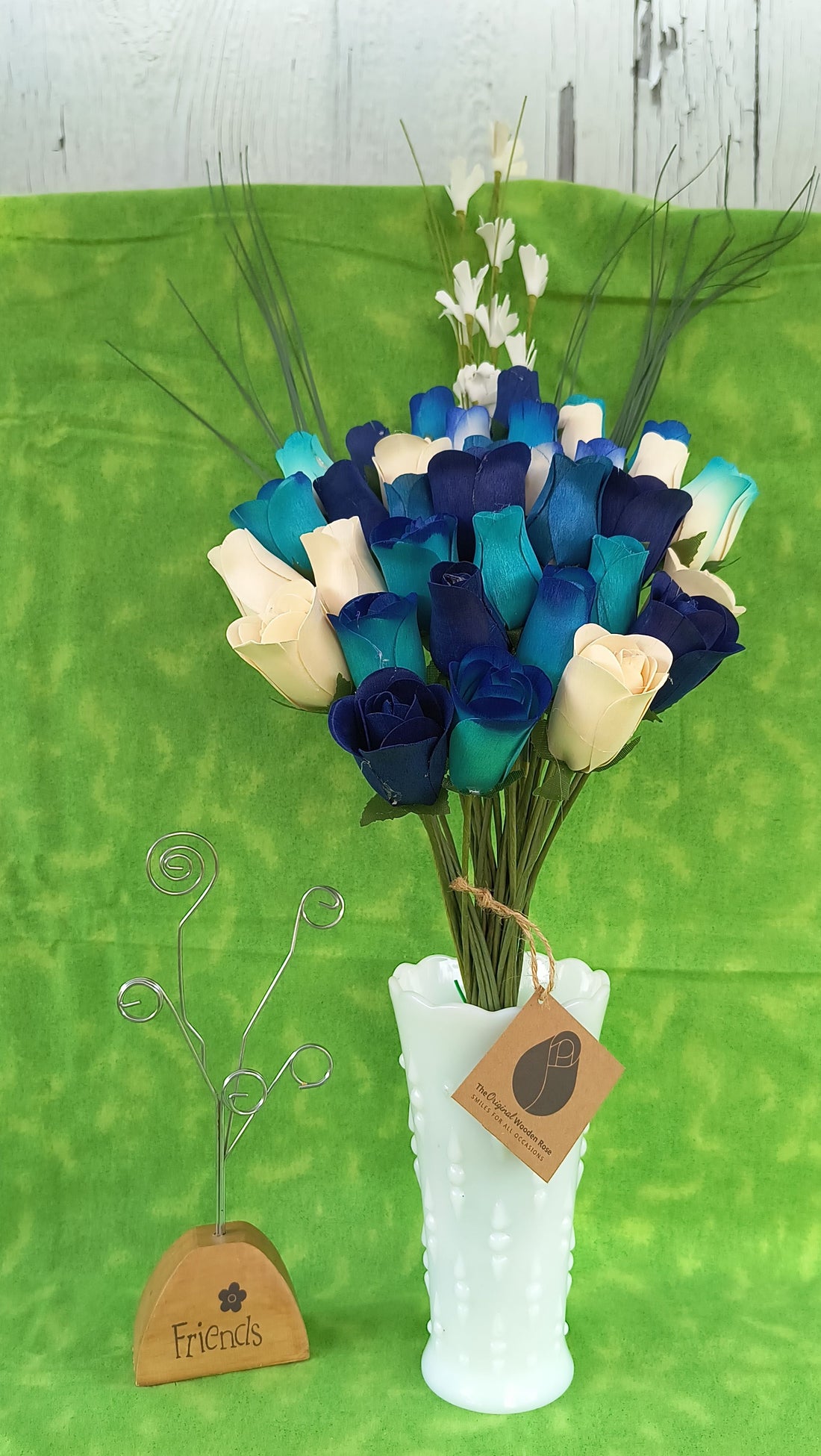 Deluxe Blue Berries and Cream Wooden Rose Flower Bouquet - The Original Wooden Rose