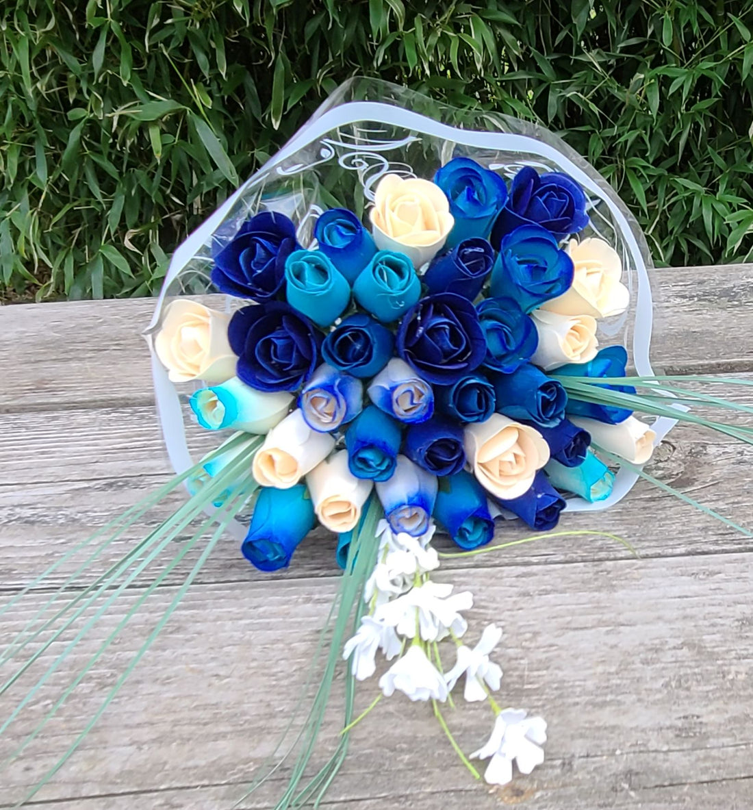 Deluxe Blue Berries and Cream Wooden Rose Flower Bouquet - The Original Wooden Rose