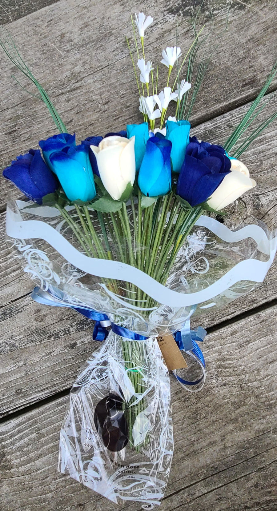 Deluxe Blue Berries and Cream Wooden Rose Flower Bouquet - The Original Wooden Rose