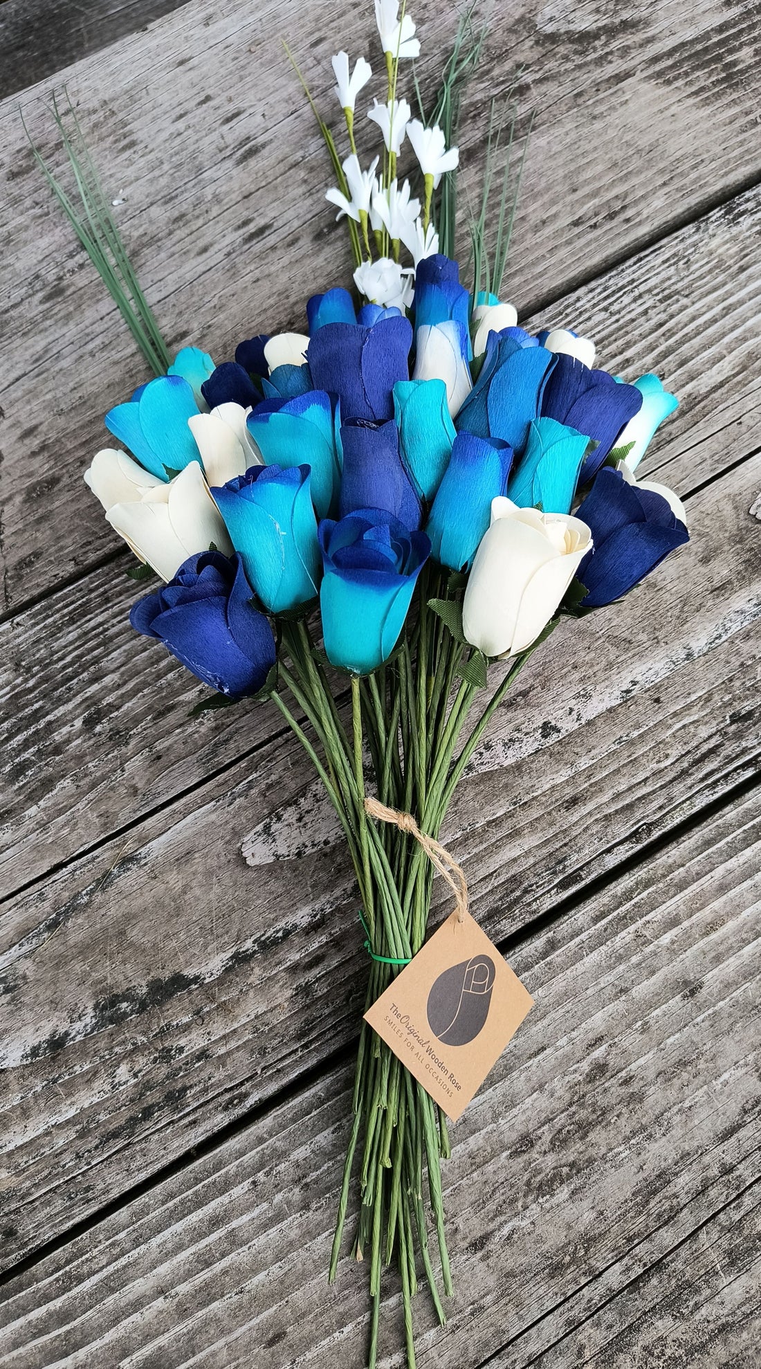 Deluxe Blue Berries and Cream Wooden Rose Flower Bouquet - The Original Wooden Rose