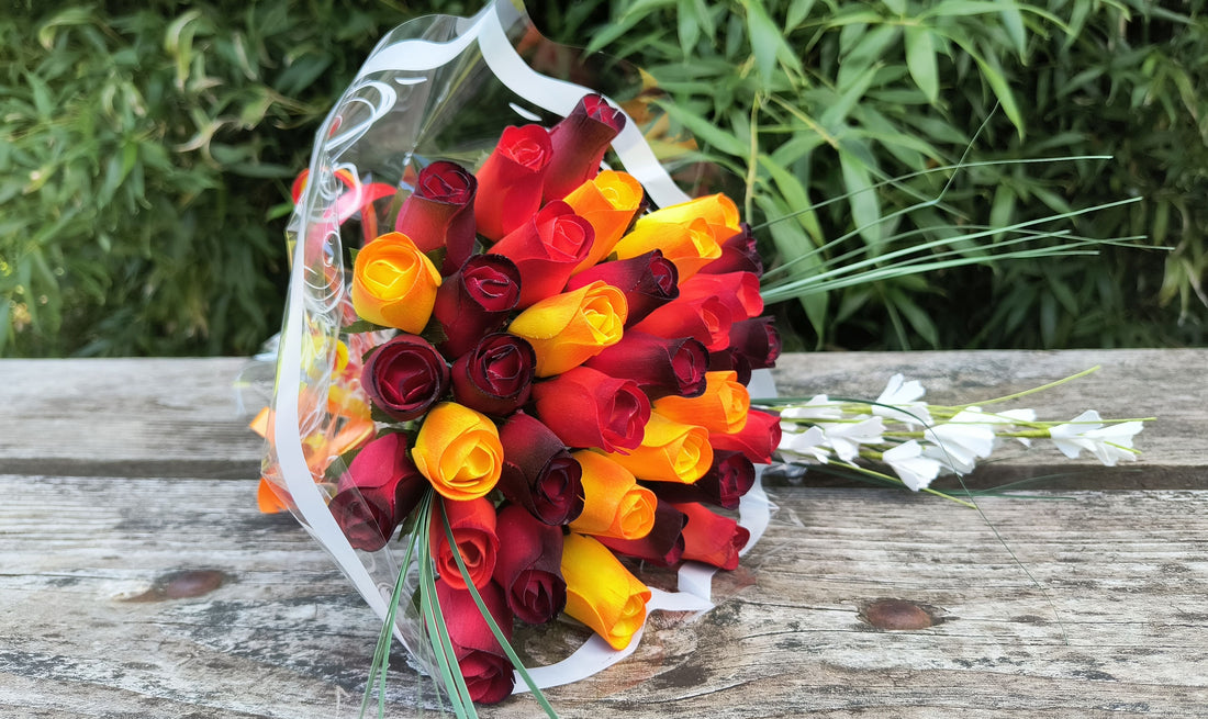 Dark Fall Harvest Colors. Yellows, Oranges, Reds Wooden Rose Flower Bouquet - The Original Wooden Rose