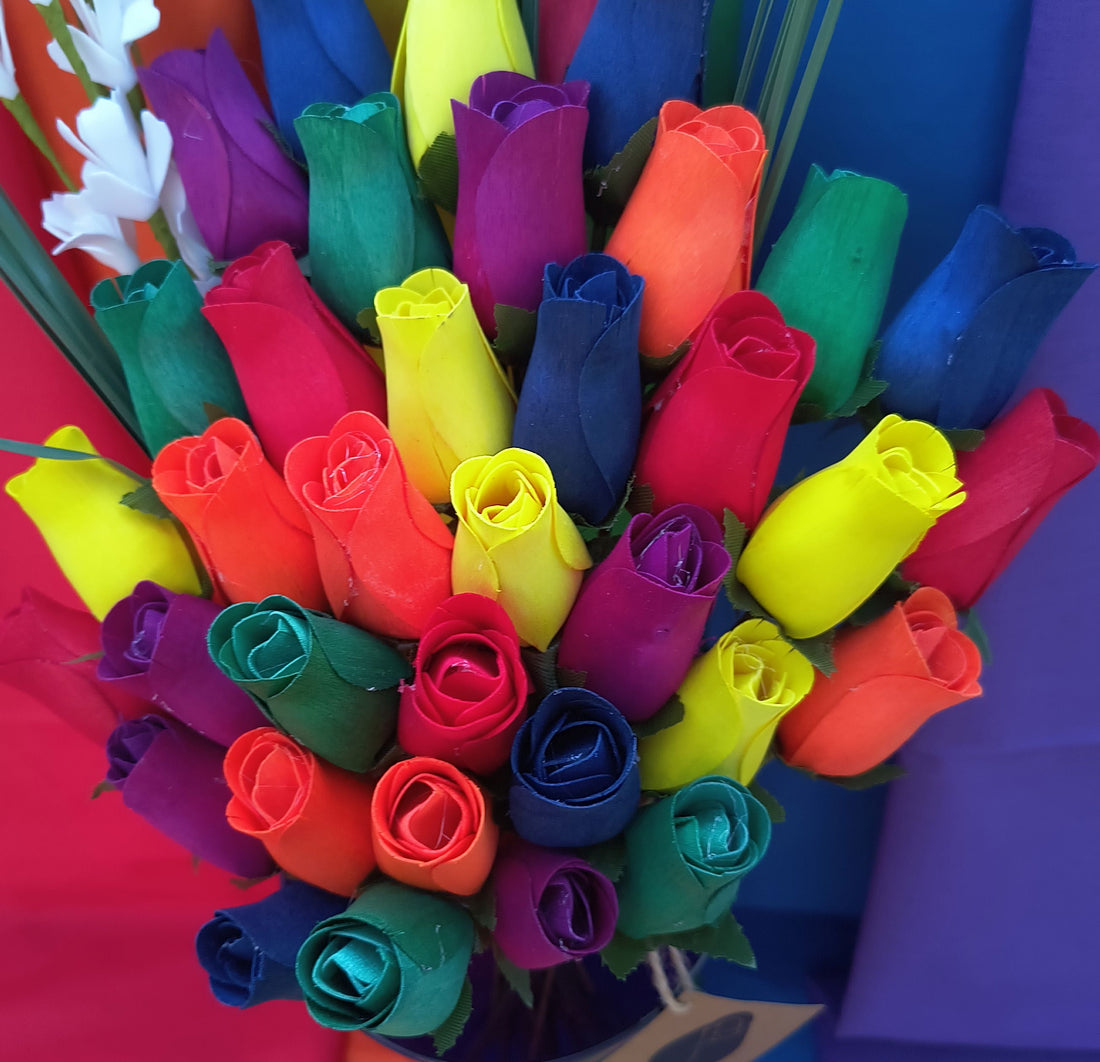 Gay Pride Rainbow of Wooden Roses Flower Bouquet - The Original Wooden Rose