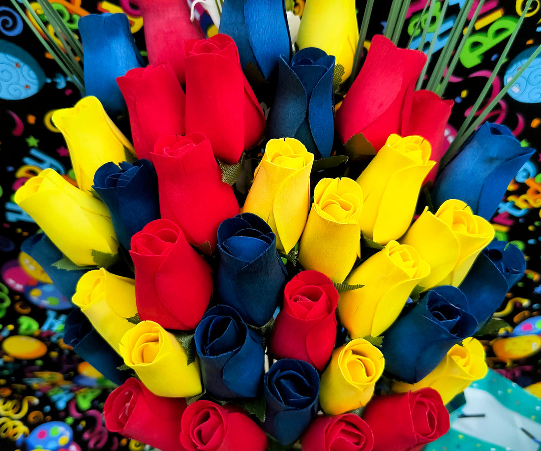 Happy Birthday Red, Blue, and Yellow Wooden Rose Flower Bouquet - The Original Wooden Rose