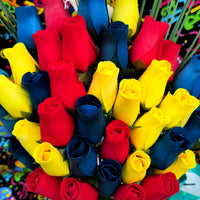 Happy Birthday Red, Blue, and Yellow Wooden Rose Flower Bouquet - The Original Wooden Rose