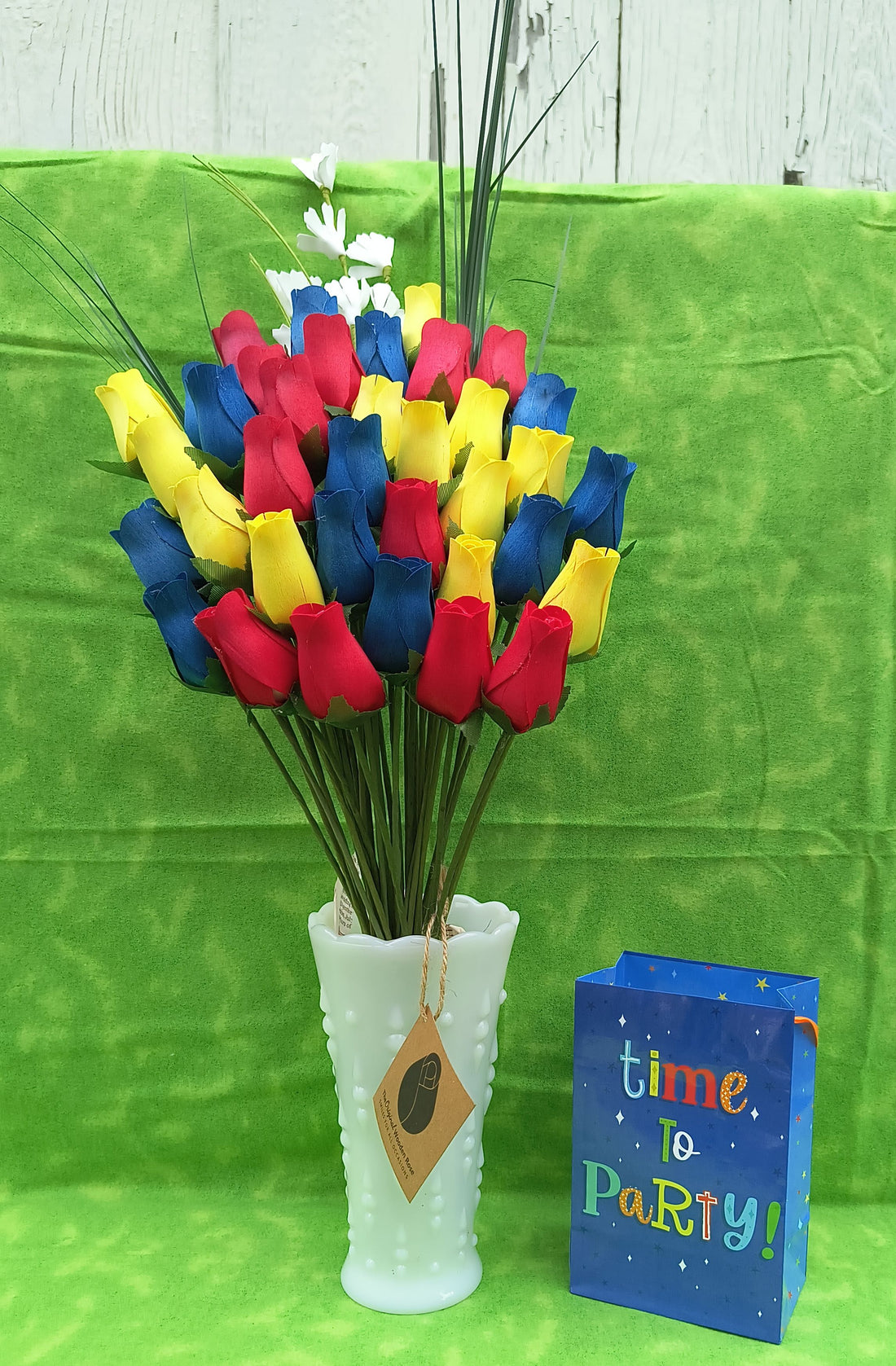 Happy Birthday Red, Blue, and Yellow Wooden Rose Flower Bouquet - The Original Wooden Rose