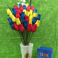 Happy Birthday Red, Blue, and Yellow Wooden Rose Flower Bouquet - The Original Wooden Rose