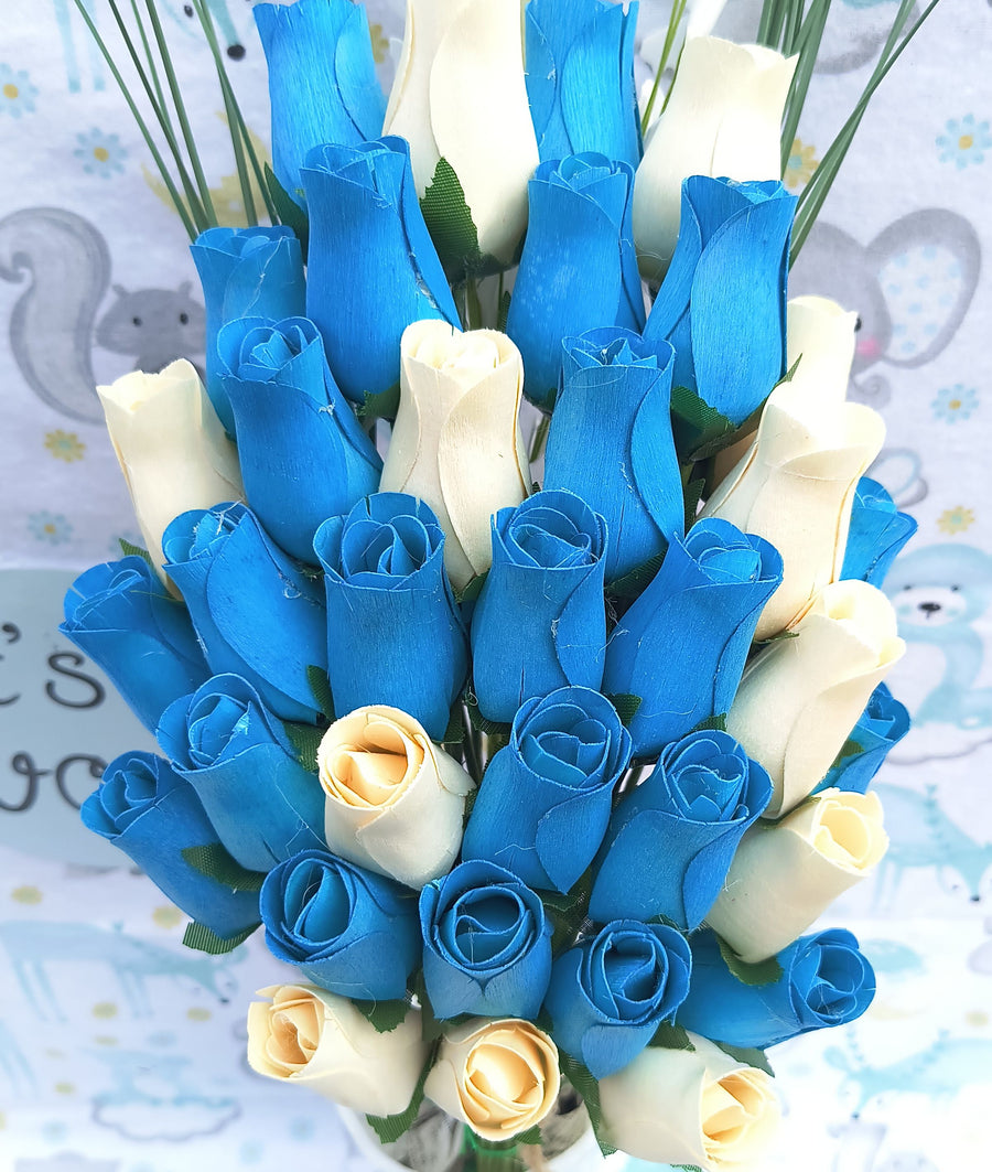 It's A Boy Light Blue and White Wooden Rose Flower Bouquet - The Original Wooden Rose