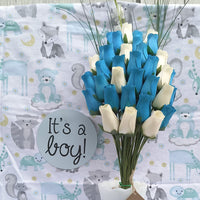 It's A Boy Light Blue and White Wooden Rose Flower Bouquet - The Original Wooden Rose