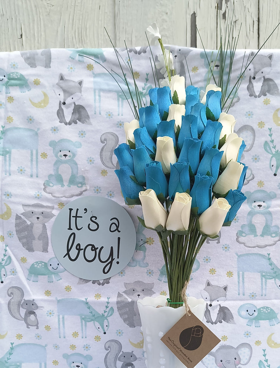 It's A Boy Light Blue and White Wooden Rose Flower Bouquet - The Original Wooden Rose