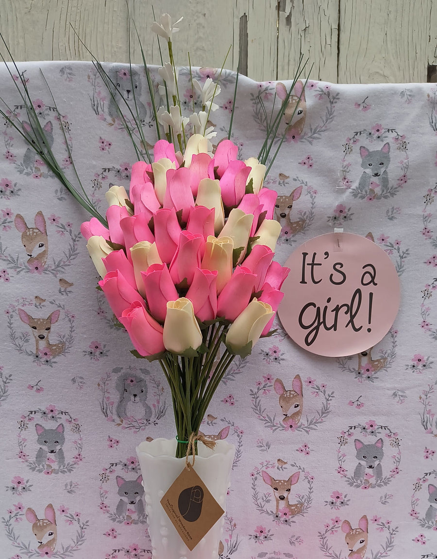 It's A Girl Light Pink, and White Wooden Rose Flower Bouquet - The Original Wooden Rose