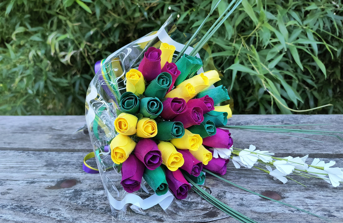 Mardi Gras Wooden Rose Flower Bouquet - The Original Wooden Rose