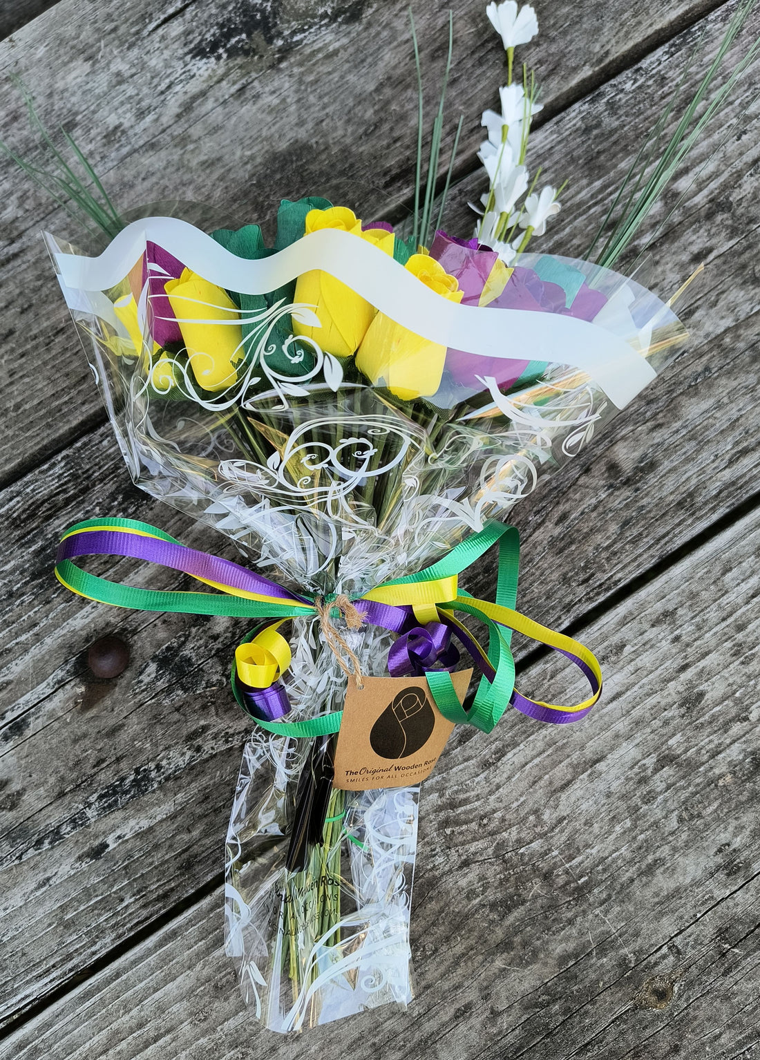 Mardi Gras Wooden Rose Flower Bouquet - The Original Wooden Rose