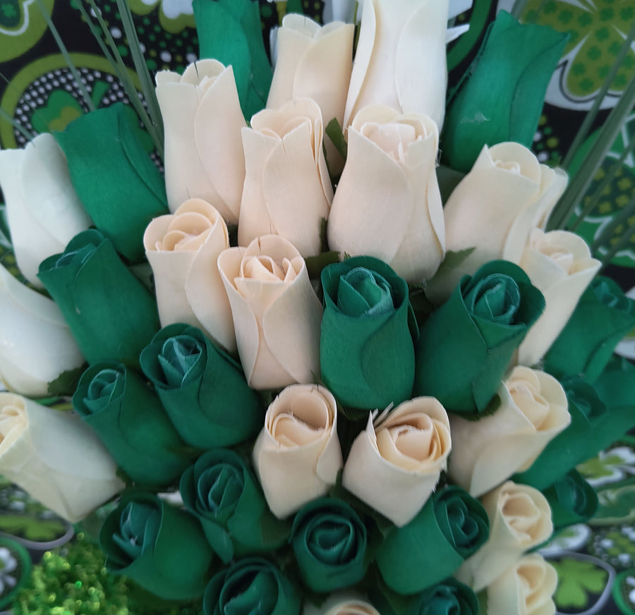 Saint Patrick's Day Green and White Wooden Rose Flower Bouquet - The Original Wooden Rose