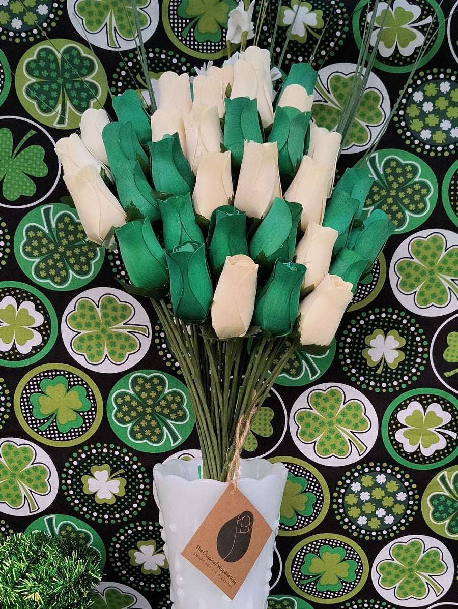 Saint Patrick's Day Green and White Wooden Rose Flower Bouquet - The Original Wooden Rose