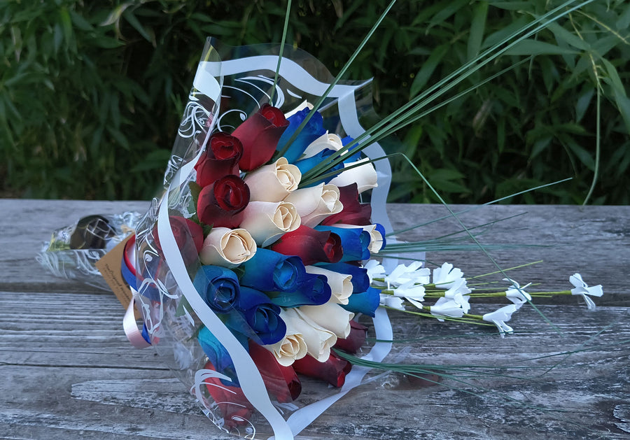 Primitive Patriotic Wooden Rose Flower Bouquet - The Original Wooden Rose