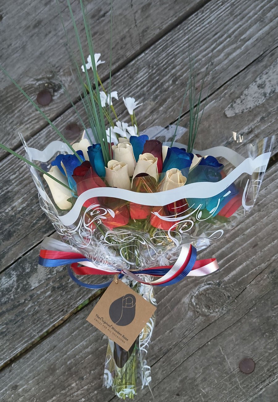 Primitive Patriotic Wooden Rose Flower Bouquet - The Original Wooden Rose