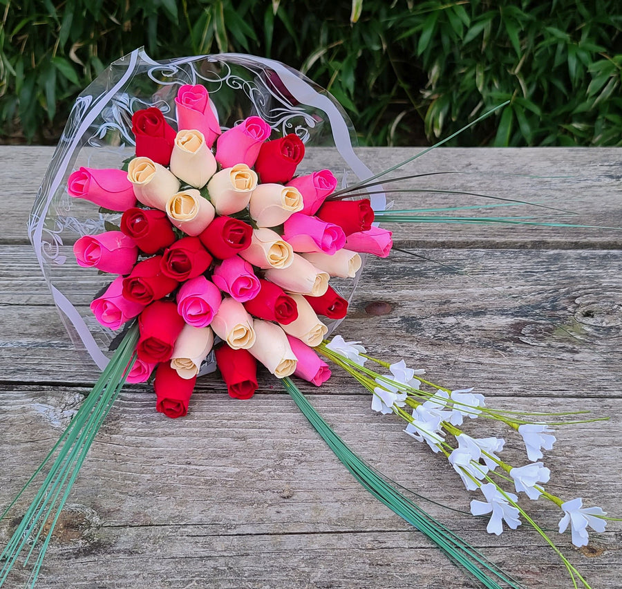 Valentines Day Red, Pink and White Wooden Rose Flower Bouquet - The Original Wooden Rose