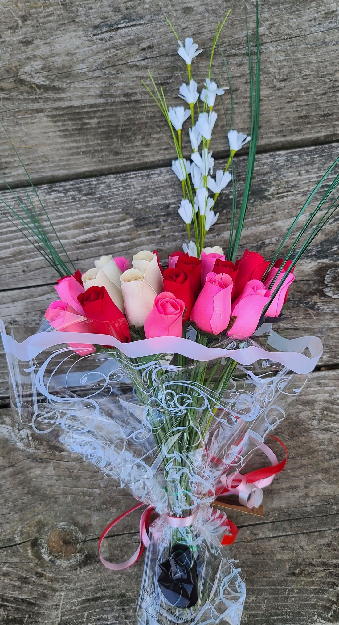 Valentines Day Red, Pink and White Wooden Rose Flower Bouquet - The Original Wooden Rose