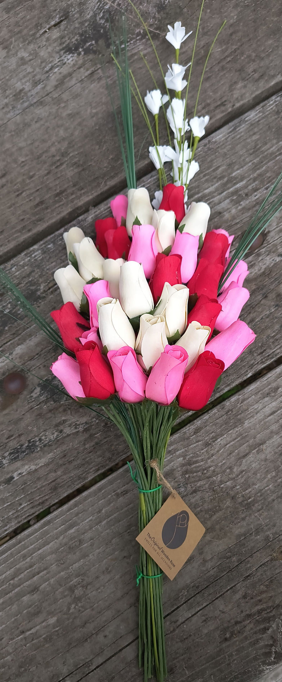 Valentines Day Red, Pink and White Wooden Rose Flower Bouquet - The Original Wooden Rose