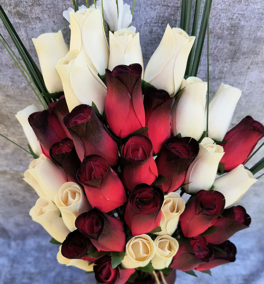 Red with Black Tips and White Wooden Rose Flower Bouquet - The Original Wooden Rose