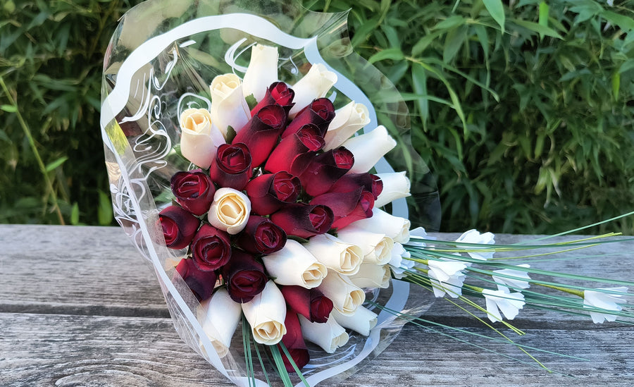 Red with Black Tips and White Wooden Rose Flower Bouquet - The Original Wooden Rose