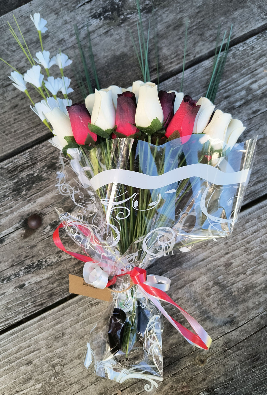 Red with Black Tips and White Wooden Rose Flower Bouquet - The Original Wooden Rose