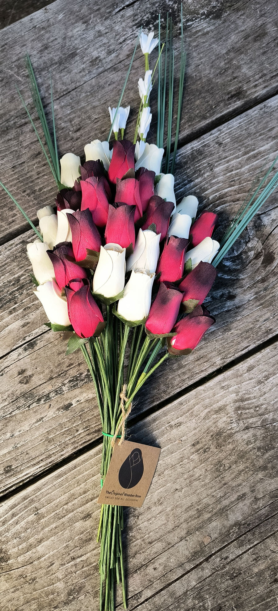 Red with Black Tips and White Wooden Rose Flower Bouquet - The Original Wooden Rose