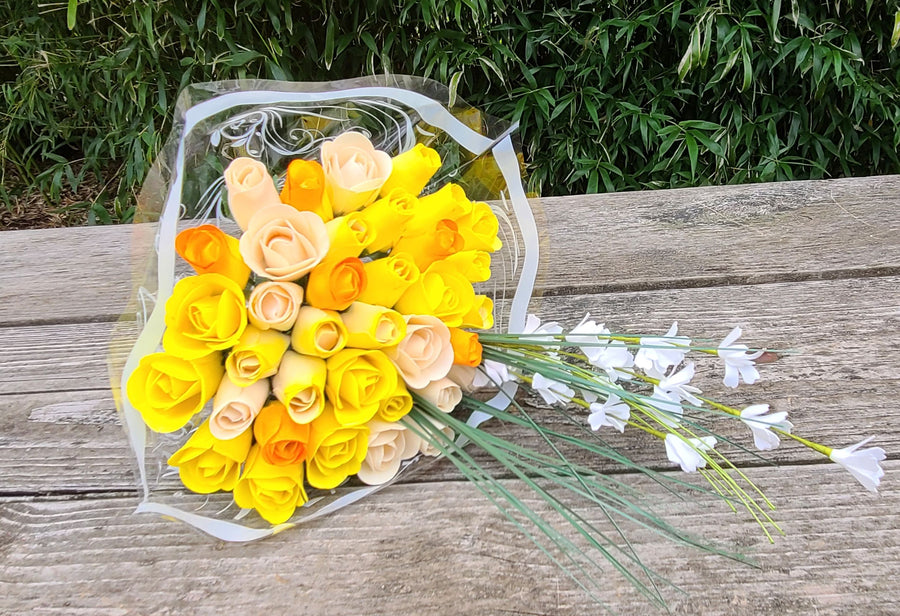 Deluxe Yellow Sunshine Themed Wooden Rose Flower Bouquet - The Original Wooden Rose