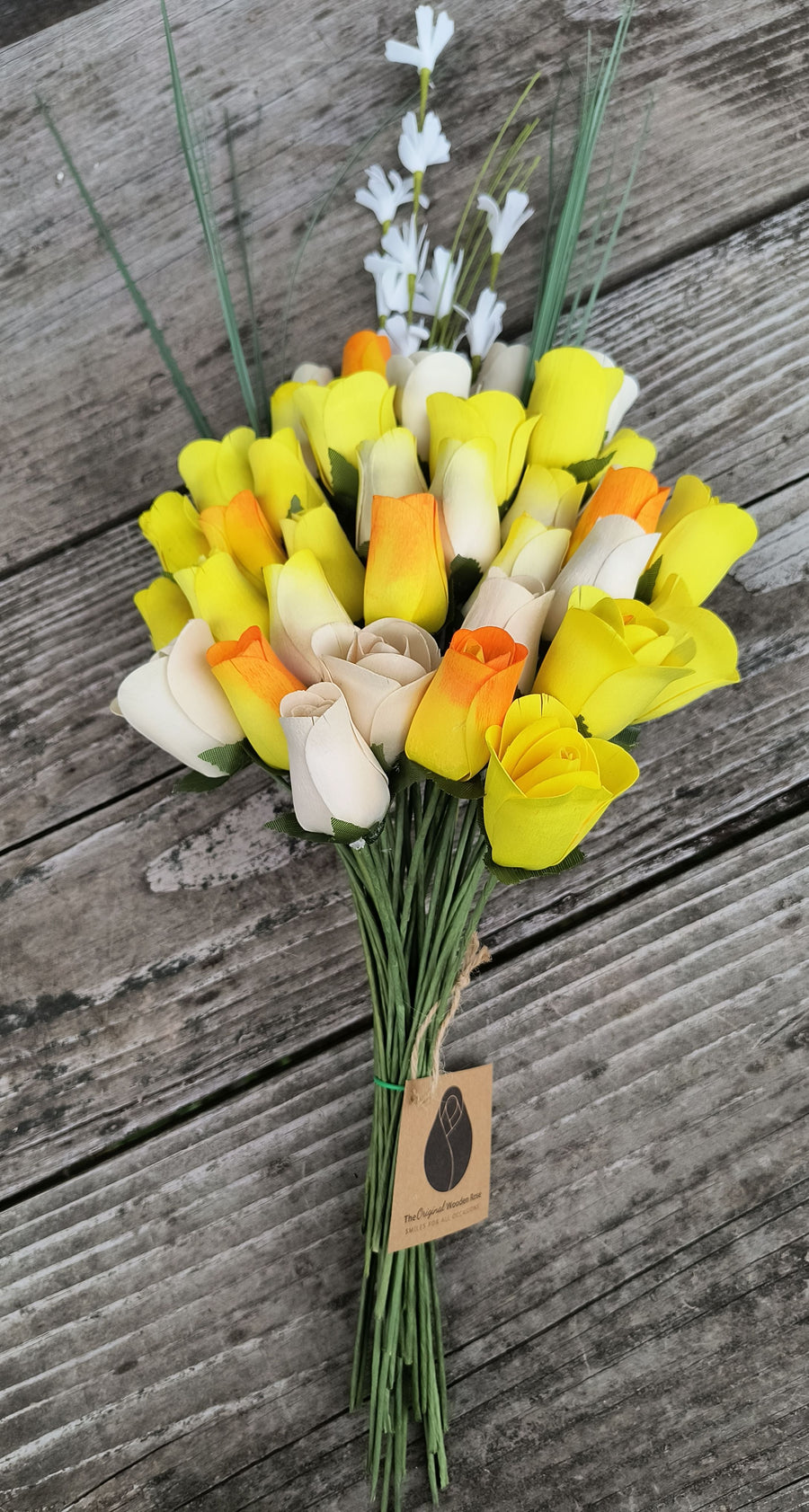 Deluxe Yellow Sunshine Themed Wooden Rose Flower Bouquet - The Original Wooden Rose