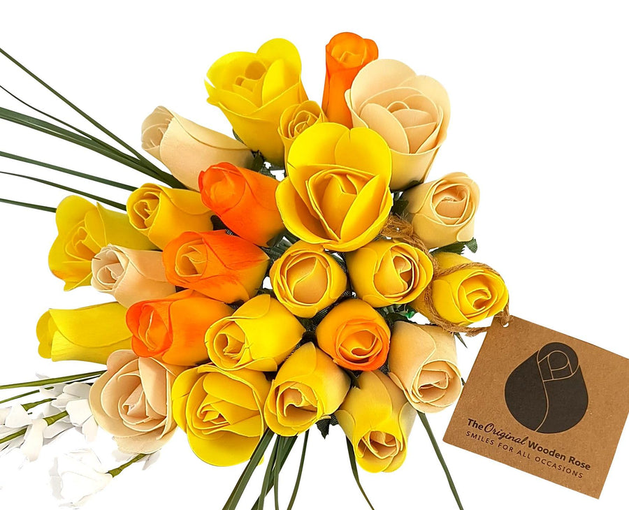 The Original Wooden Rose Deluxe Yellow Sunshine Themed Bouquet. Featuring Closed and Half Open Bud Roses (2 Dozen) - The Original Wooden Rose