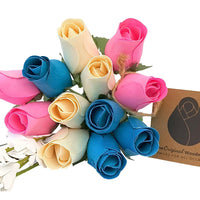 The Original Wooden Rose Gender Reveal Wooden Rose Bouquet. Featuring Pink, Light Blue and White Wooden Roses Closed Bud (1 Dozen) - The Original Wooden Rose