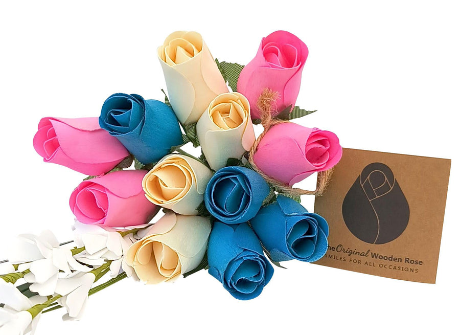 The Original Wooden Rose Gender Reveal Wooden Rose Bouquet. Featuring Pink, Light Blue and White Wooden Roses Closed Bud (1 Dozen) - The Original Wooden Rose