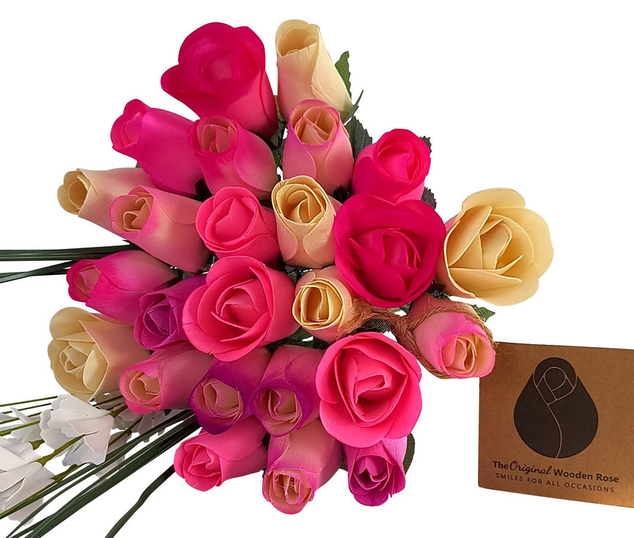 The Original Wooden Rose Deluxe Pink Blossoms Themed Bouquet. Featuring Closed and Half Open Bud Roses (2 Dozen) - The Original Wooden Rose