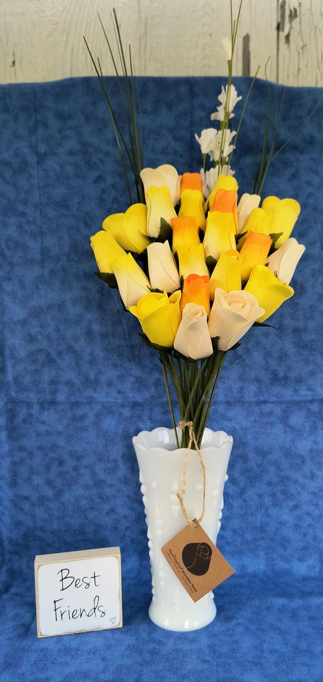 The Original Wooden Rose Deluxe Yellow Sunshine Themed Bouquet. Featuring Closed and Half Open Bud Roses (2 Dozen) - The Original Wooden Rose